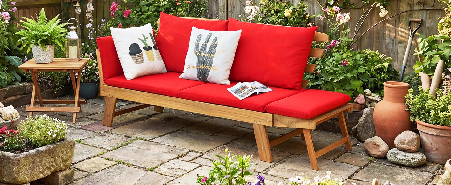 Convertible Acacia Wood Patio Couch Sofa Bed with Adjustable