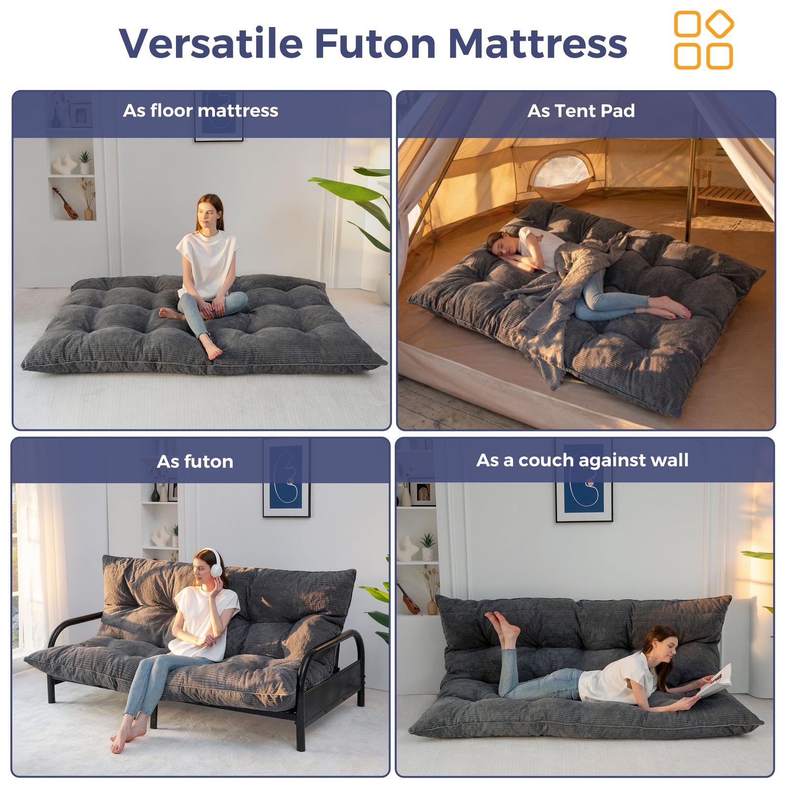 6″ Japanese Floor Mattress, Foldable Futon Mattress Queen Size, Tufted Roll U…
