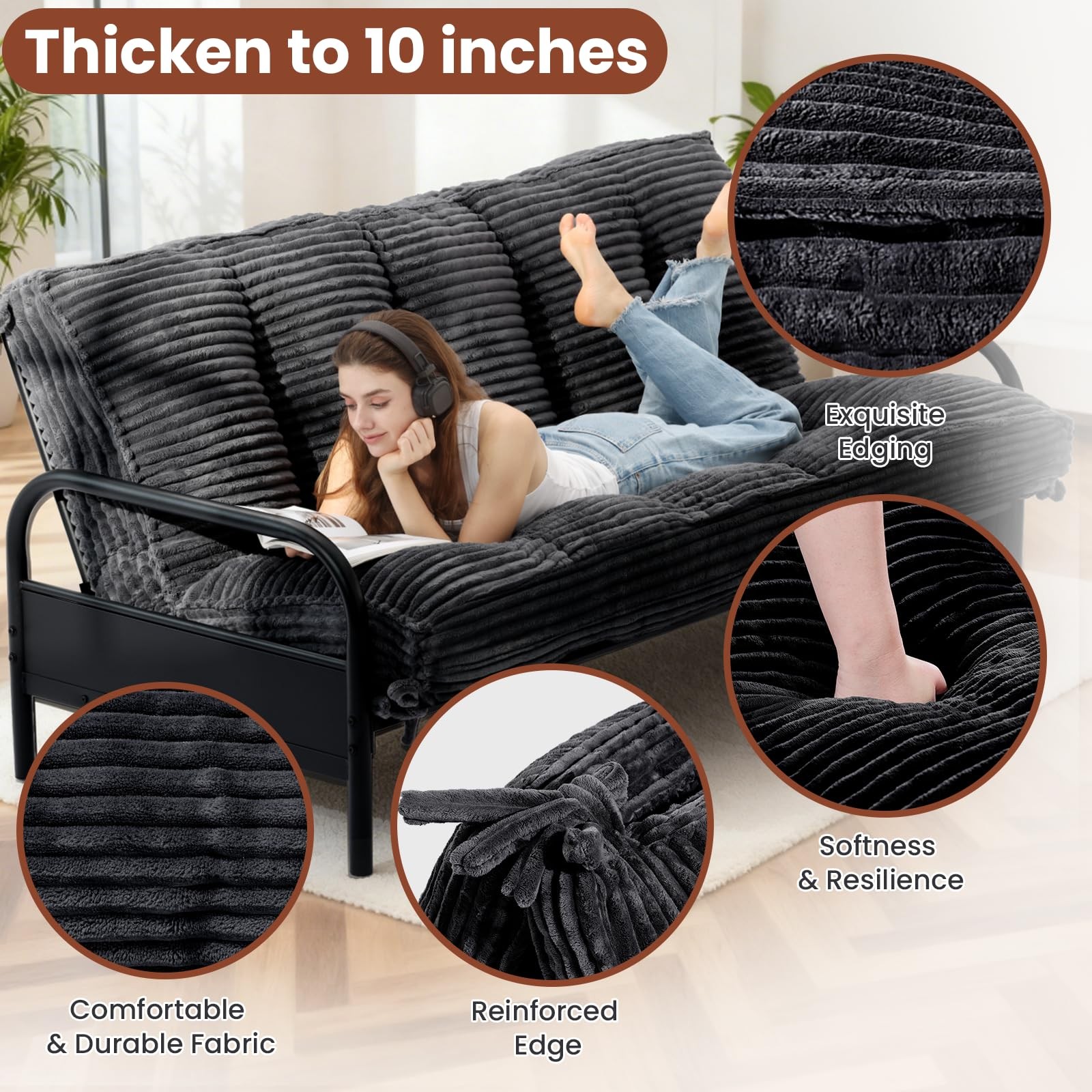 feliz home 10″ Futon Mattress Queen Size,Futons Sofa Couch Bed Straps BlackQueen