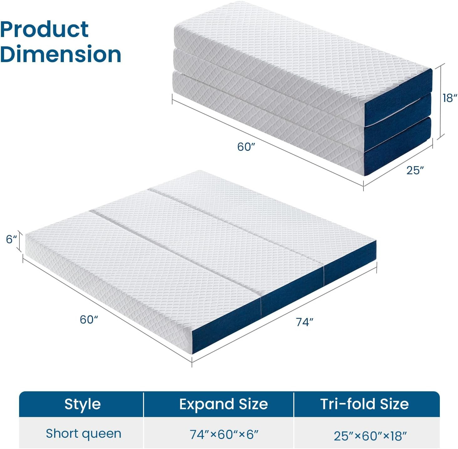 Short Queen Size 6 Inch Folding Mattress, Trifold Gel Memory Foam Bed, Foldable