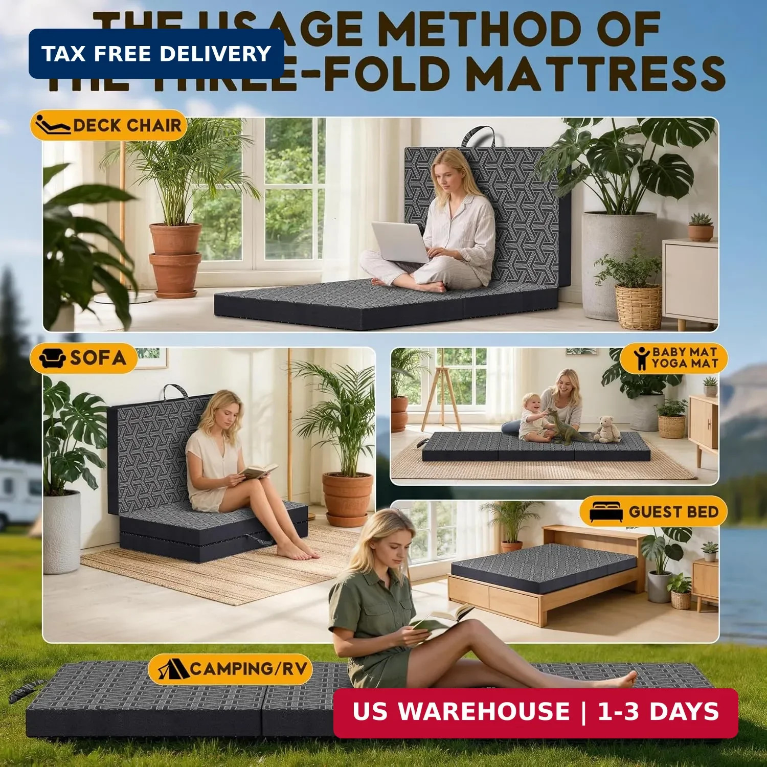 Foldable Mattress Twin,6″ Memory Foam Mattress Topper,Trifold Mattress with Wash