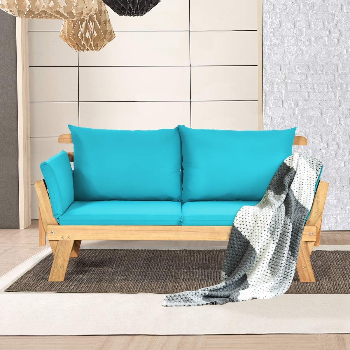 Convertible Acacia Wood Patio Couch Sofa Bed with Adjustable
