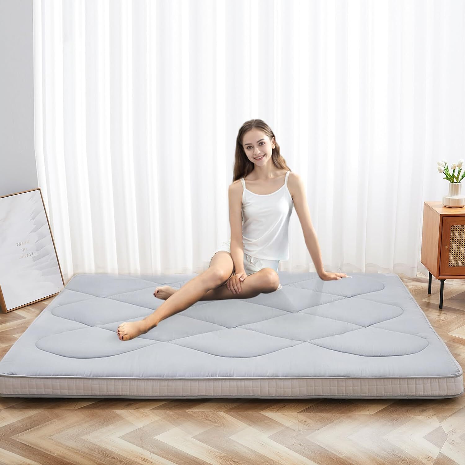 MOPHOTO Japanese Floor Mattress 3.5″ Thick Roll Up Sleeping Tatami Mat Futon Pad