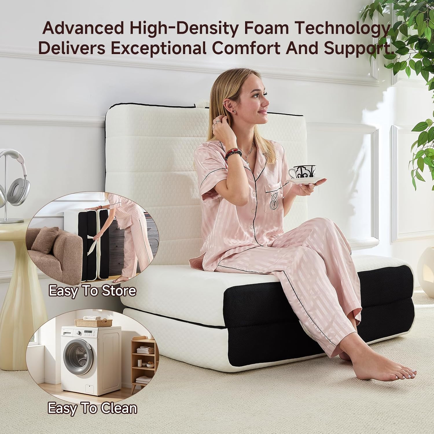 6″ Portable Tri-Fold Memory Foam Mattress with Washable Cover & Non-Slip Base