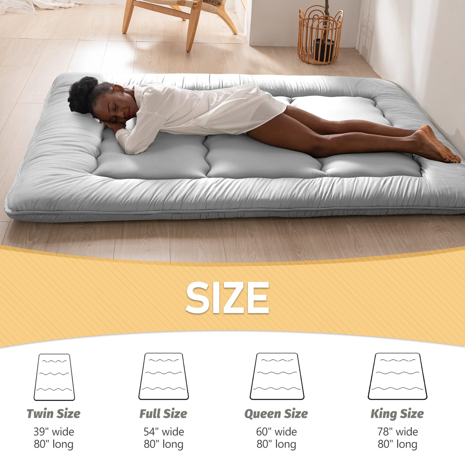 Japanese Floor Mattress Futon, Foldable Sleeping Pad, Kids Dorm Bed, Grey Full