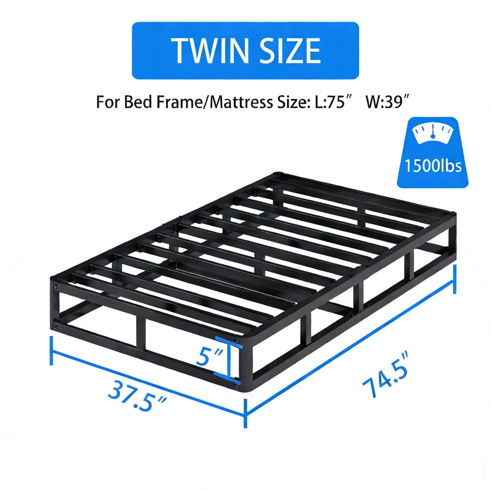 Twin Size Low Profile Box Spring – 5 Inch Mattress Foundation, Heavy Duty Steel