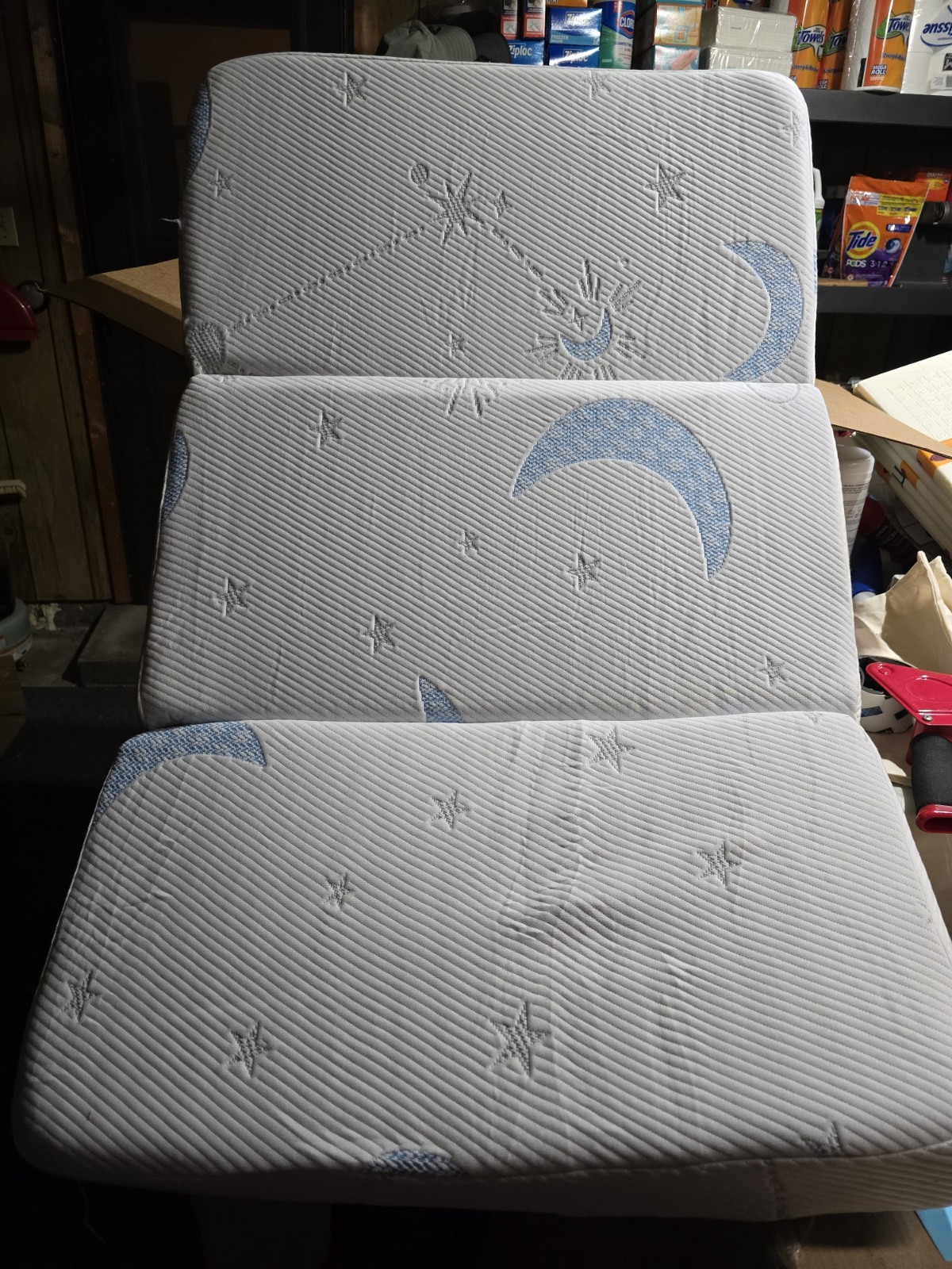Foldable Kids Mattress, Stars and Moons Pattern, Space Theme, White Blue Bedroom