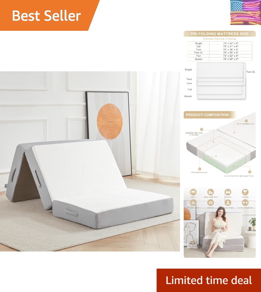 6 Inch Folding Memory Foam Mattress- Portable Tri-fold Bed for Camping & Guests
