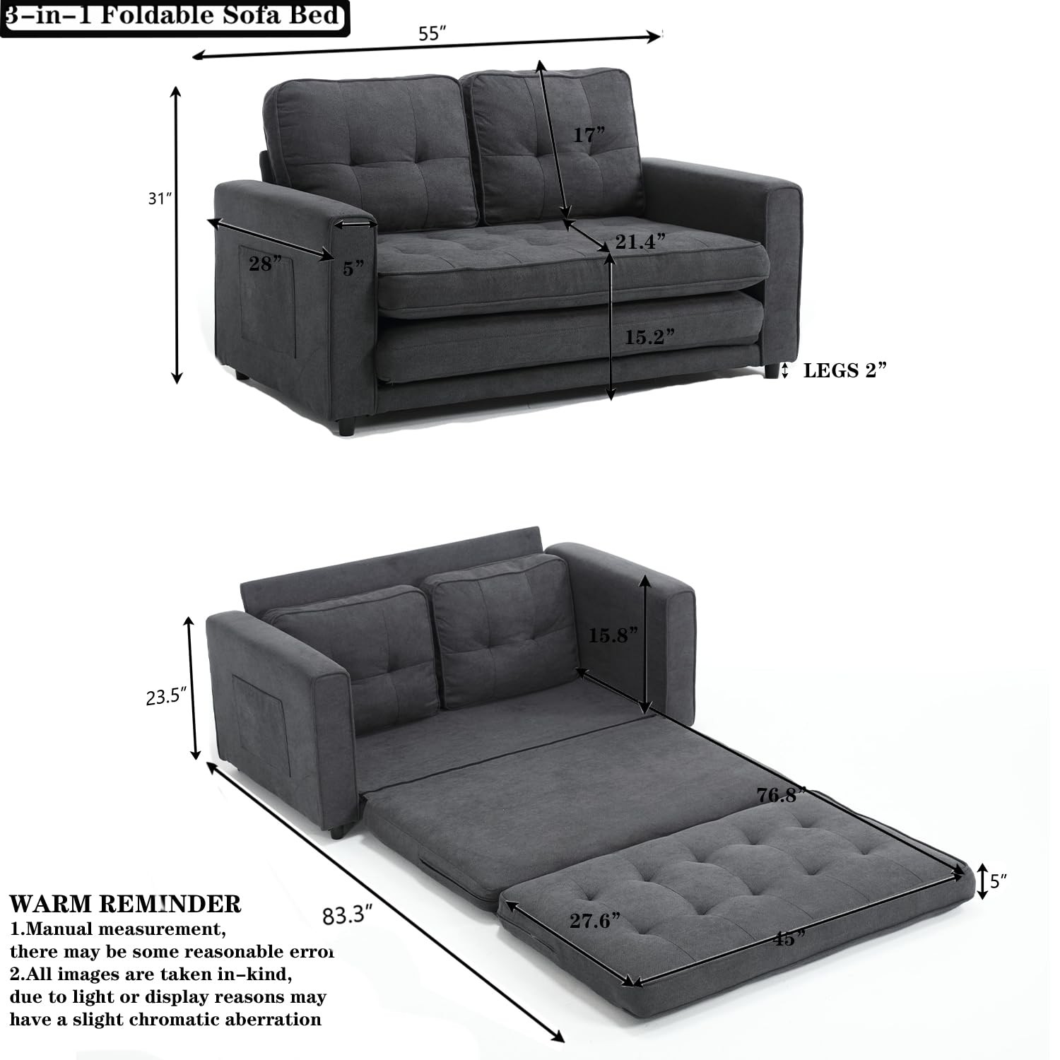 MWrouqfur Folding Futon Sleeper Sofa with Pull Out Couch Bed,Modern Black