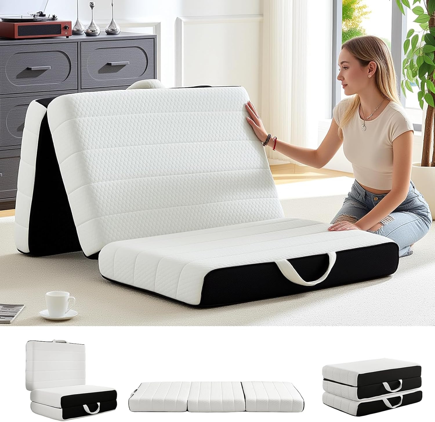 6″ Portable Tri-Fold Memory Foam Mattress with Washable Cover & Non-Slip Base