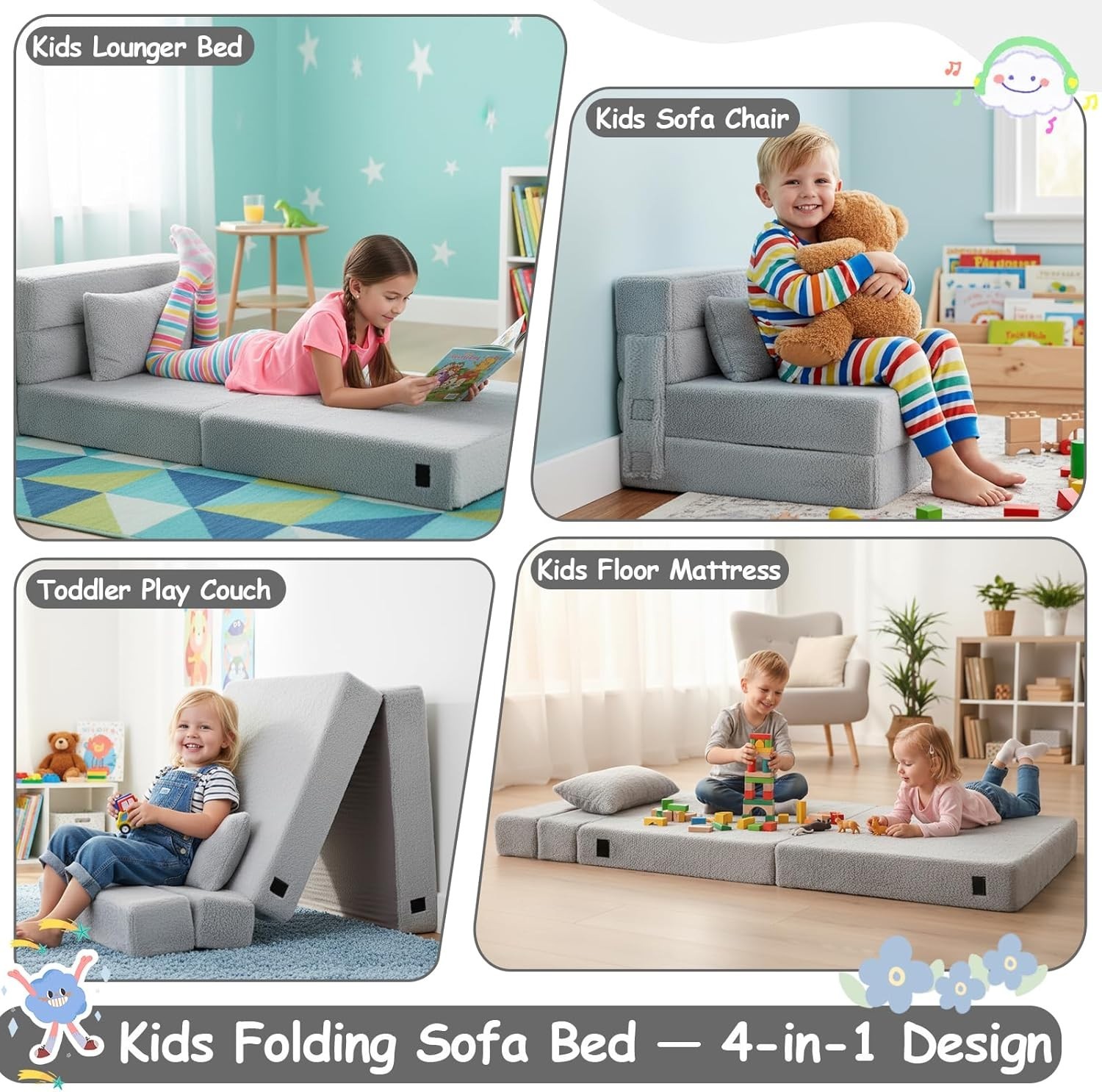 Kids Folding Mattress Kids Floor Couch Sofa with Storage Bag Grey