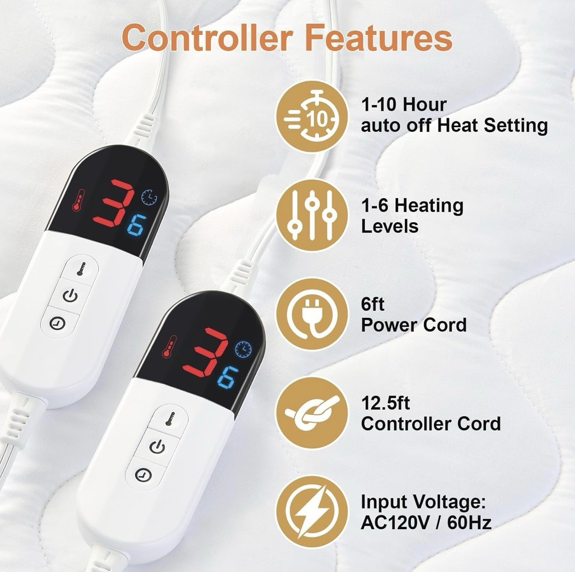 King Heated Mattress Pad Dual Control 6 Heat Bed Warmer Deep Pocket 21”