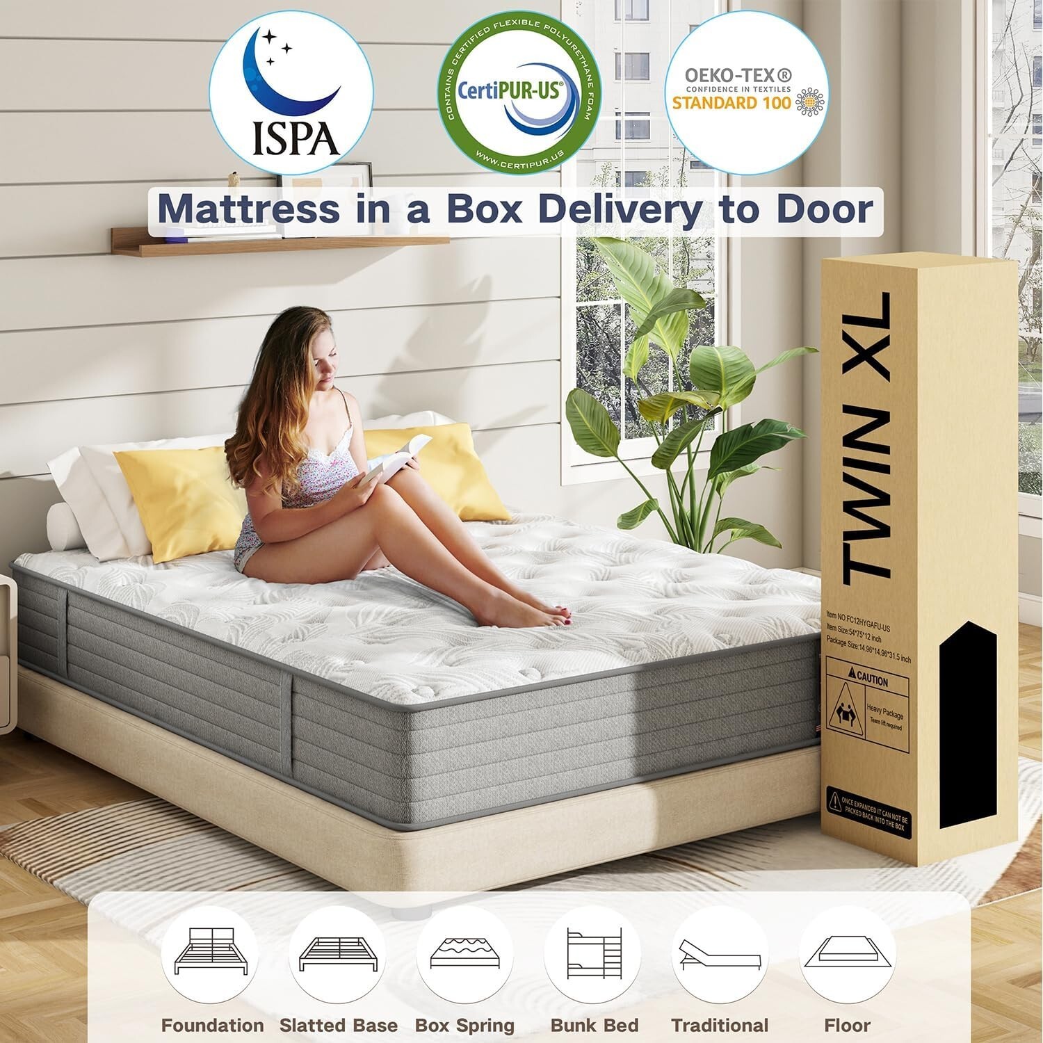 Twin XL Mattress 12 Inch Foam Spring Hybrid Twin XL Size Mattress for Dormitory
