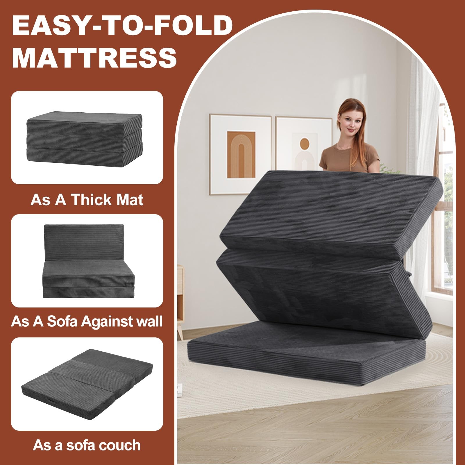 6-Inch Tri-Fold Foldable Mattress, Folding Sofa Bed with Removable Washable C…