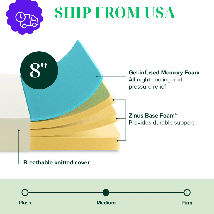 Zinus Gel Airflow 8″ Full Tight Top Medium Memory Foam Mattress New US.