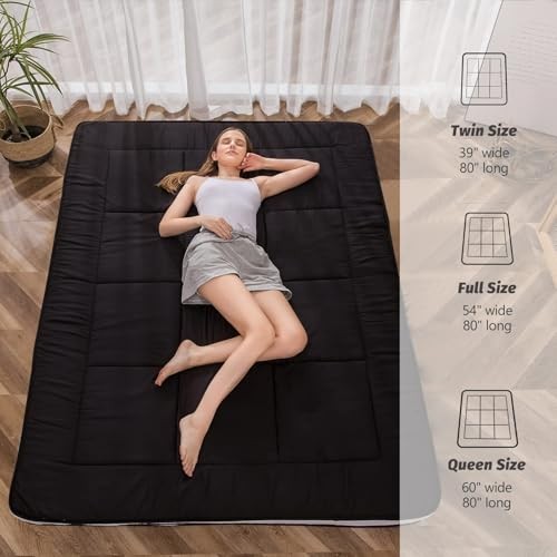Futon Mattress, Padded Japanese Floor Mattress Quilted Bed Queen Square Black