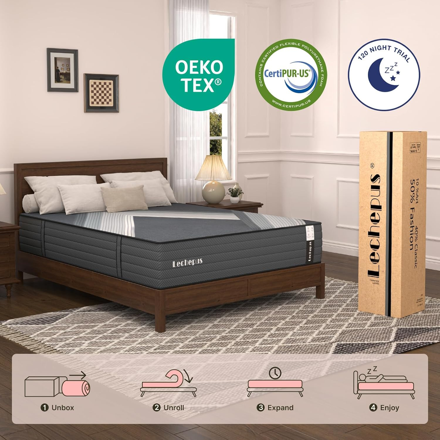 10″ Lechepus Queen Mattress, 5-Zone Hybrid with Lumbar Support & Motion Isolatio