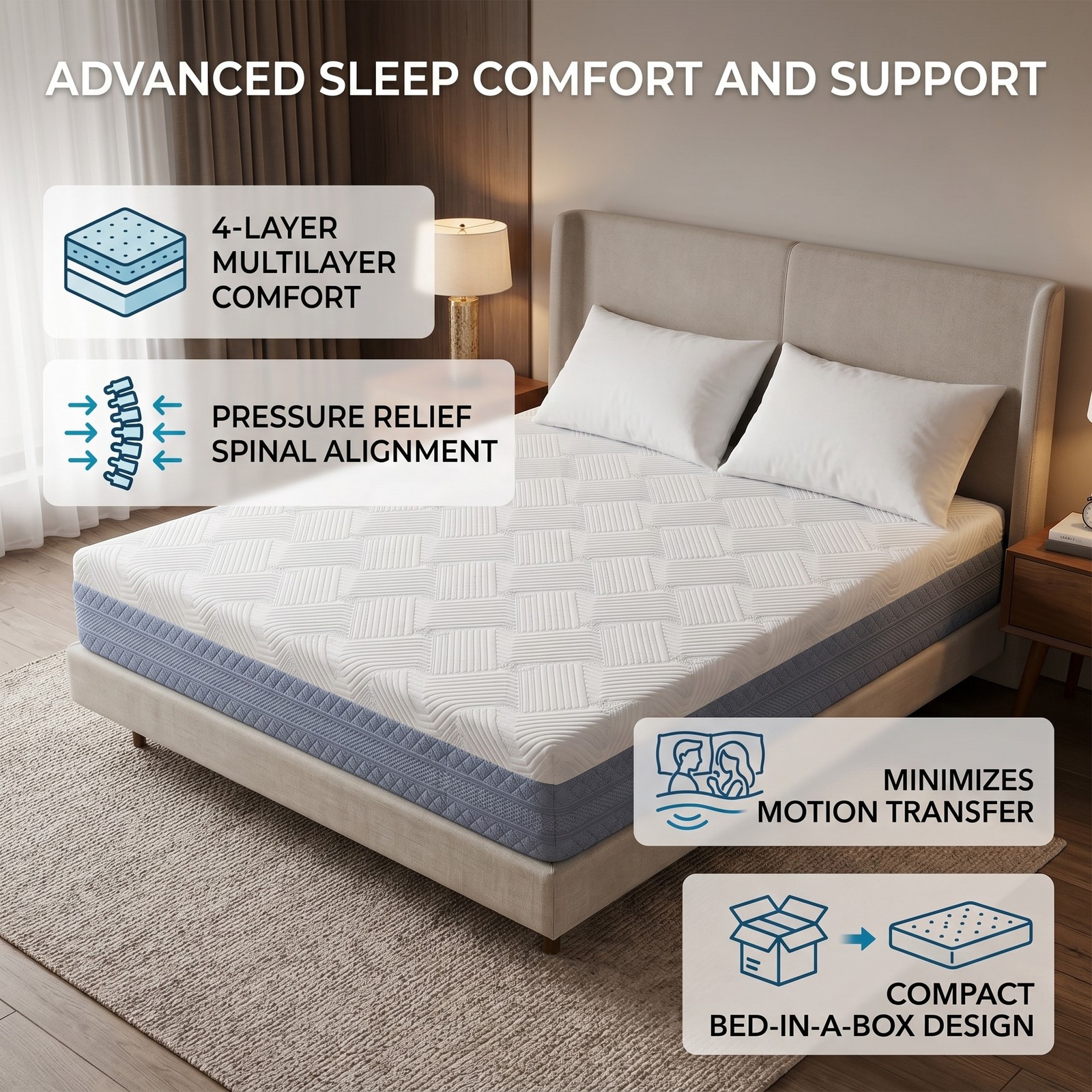 Queen Size Memory Foam Mattress Rolled Compressed Box Delivery No Assembly Requi