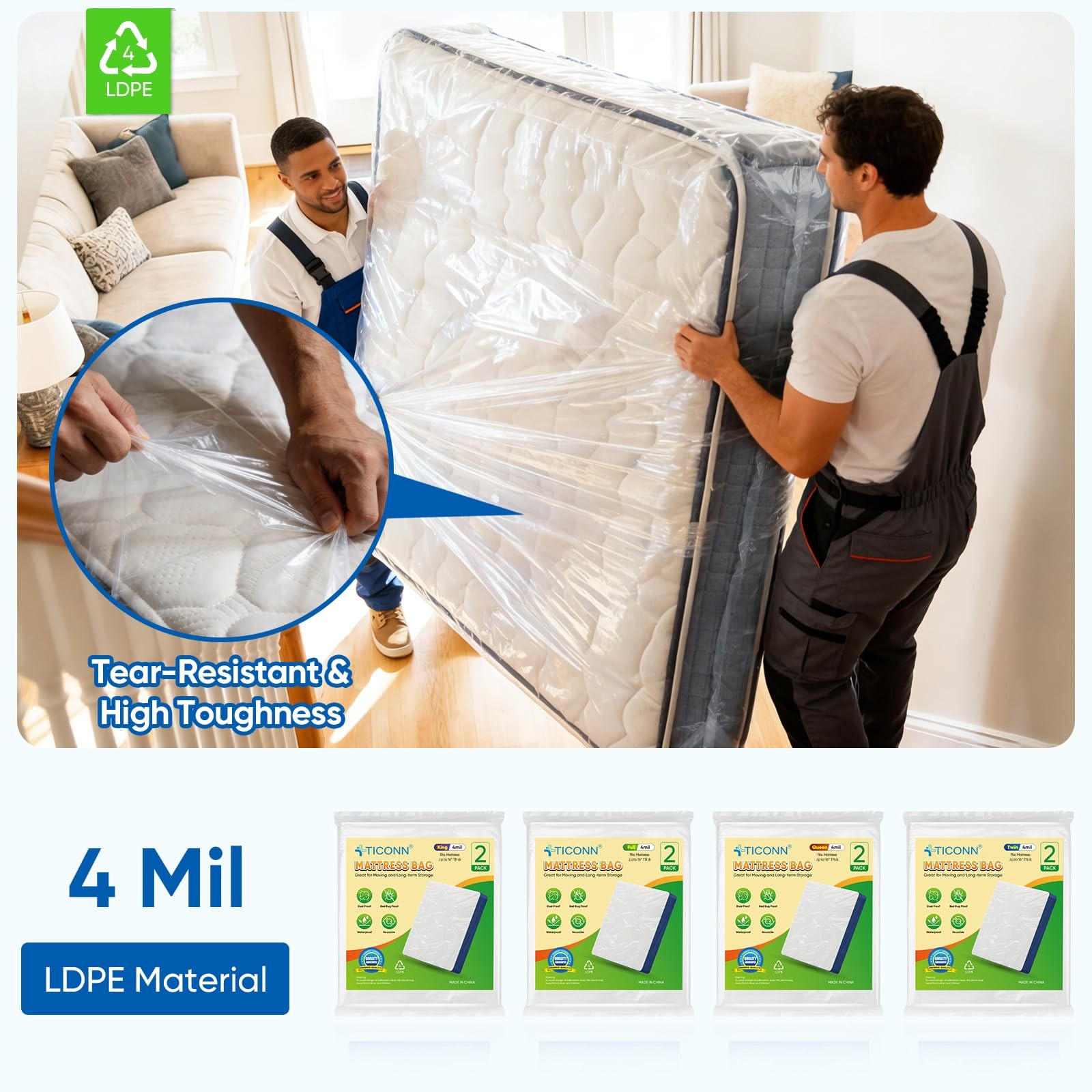 TICONN 2PK Plastic Mattress Bag for Moving Storage, Waterproof Queen, White