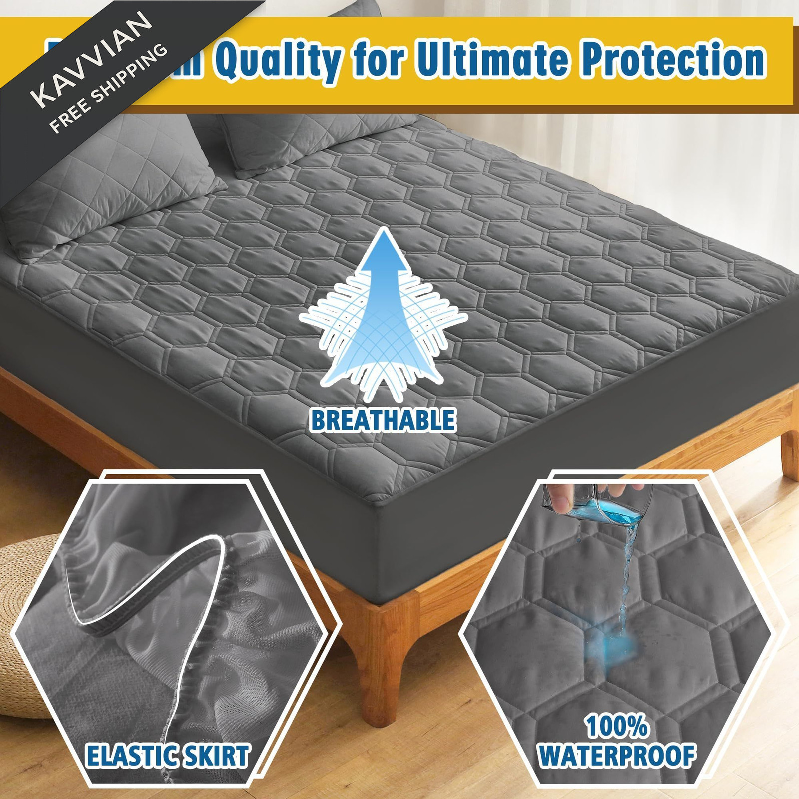 KUTUU Waterproof Mattress Pad Queen Size, Breathable Queen, Gray
