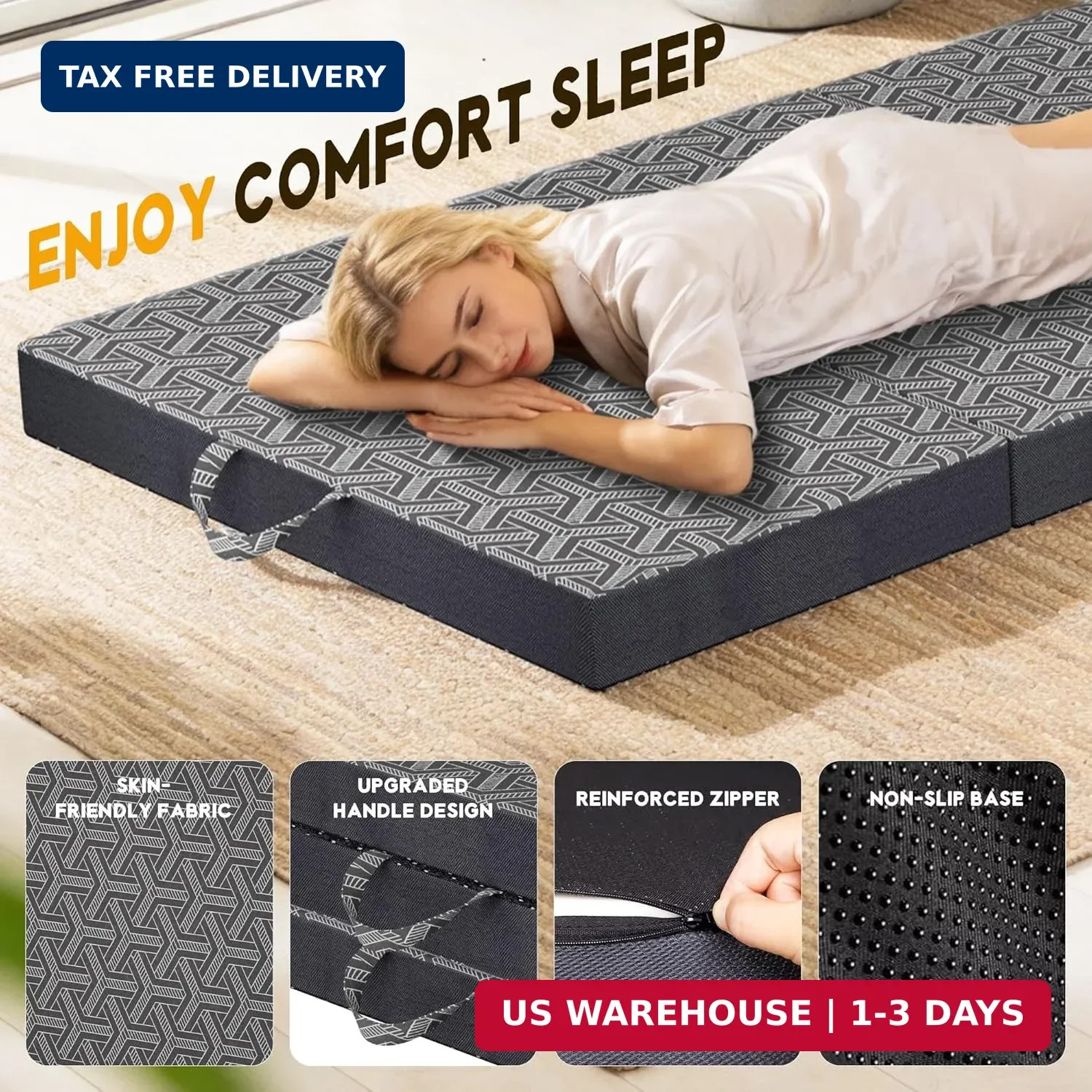 Foldable Mattress Twin,6″ Memory Foam Mattress Topper,Trifold Mattress with Wash