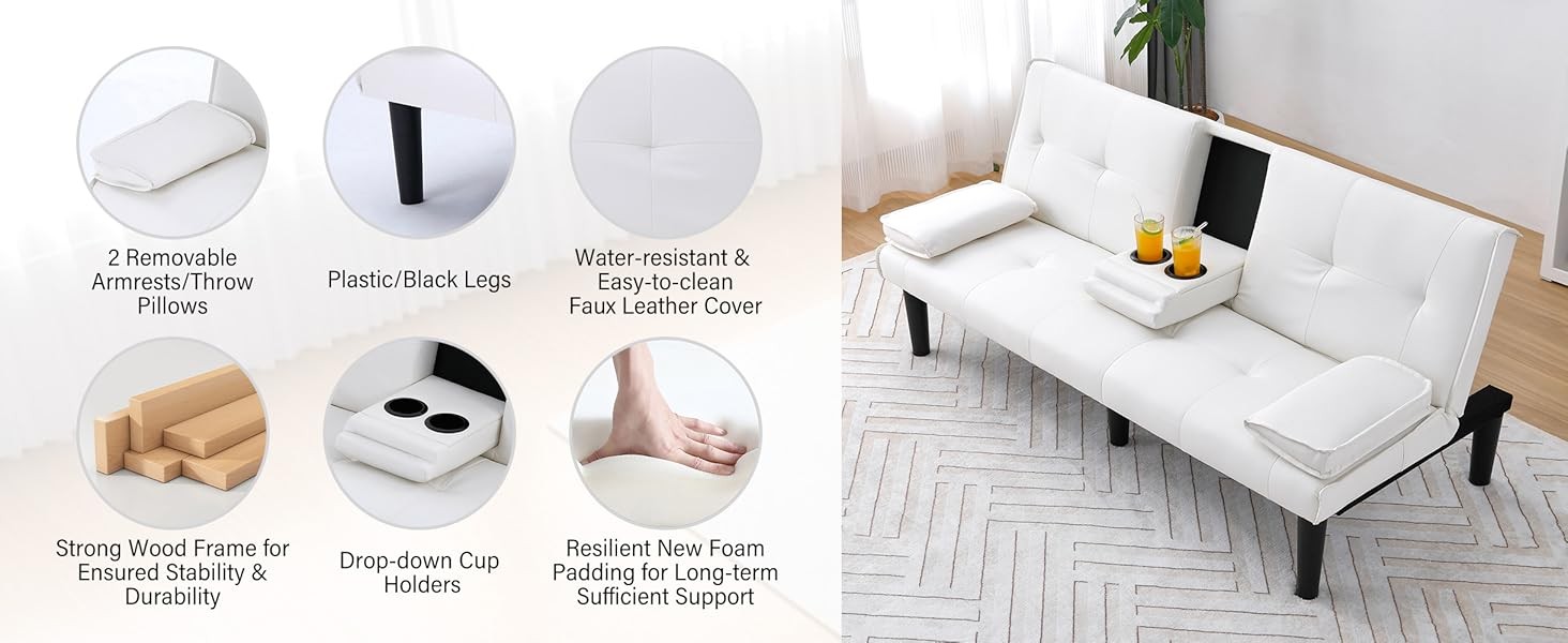67″ Futon Sofa Bed with Cup Holders, Convertible 3 in 1
