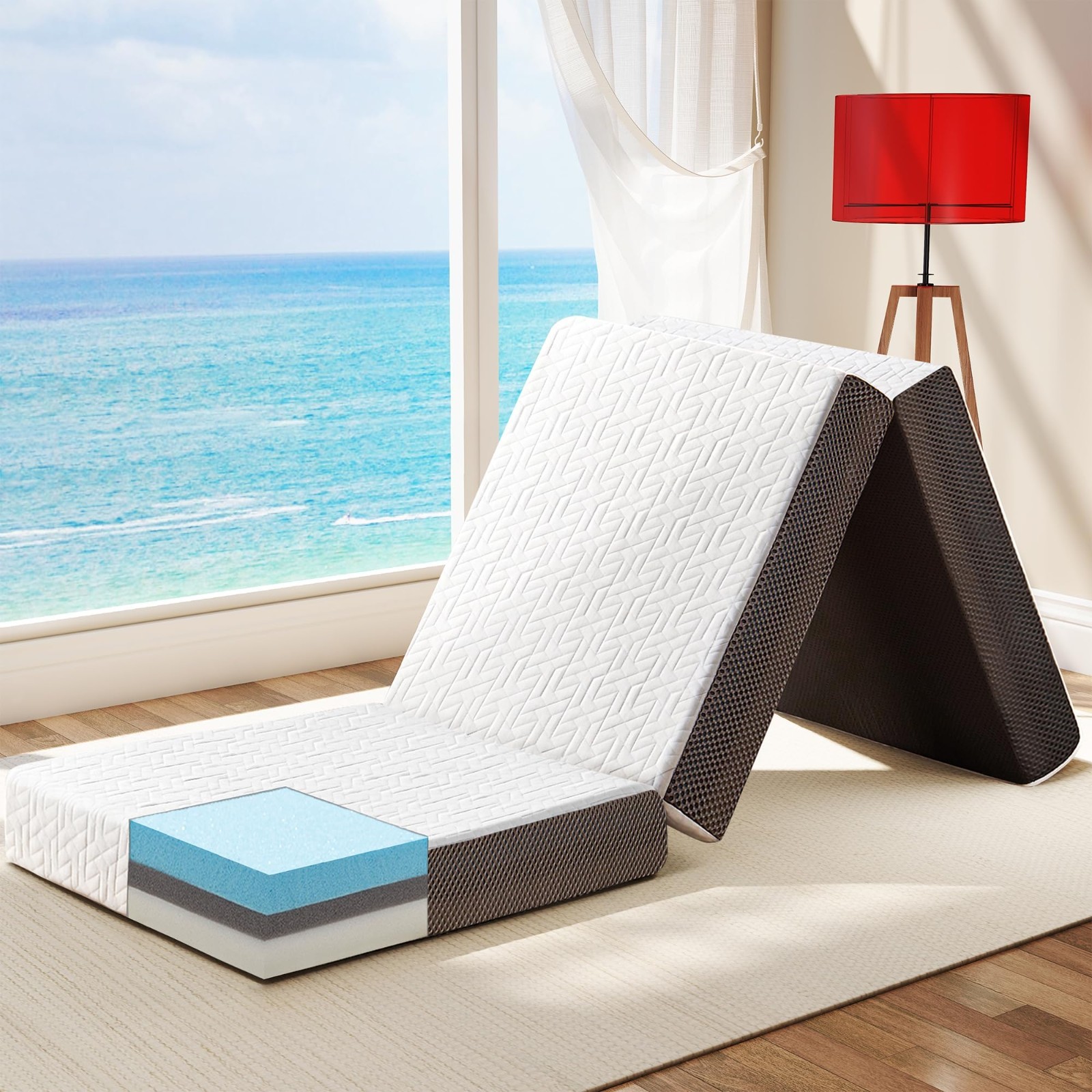 4-Inch Foldable Memory Foam Mattress – Tri-Folding Portable Bed for Travel, Camp