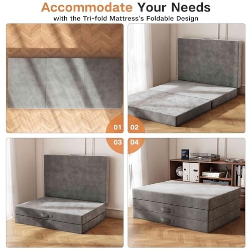 Swbvs Tri-Fold Memory Foam Mattresses, 4 inch Twin Folding 4inch-Tw” Grey