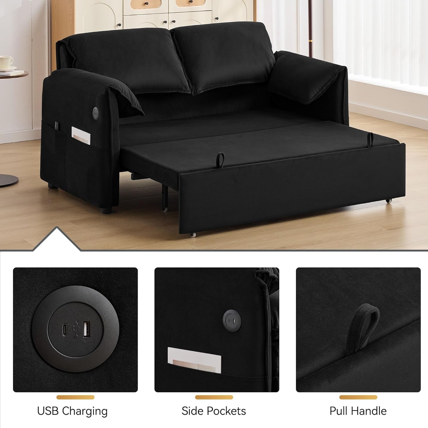 63″ Pull Out Sofa Bed, 3-in-1 Convertible Futon Loveseat Queen Sleeper