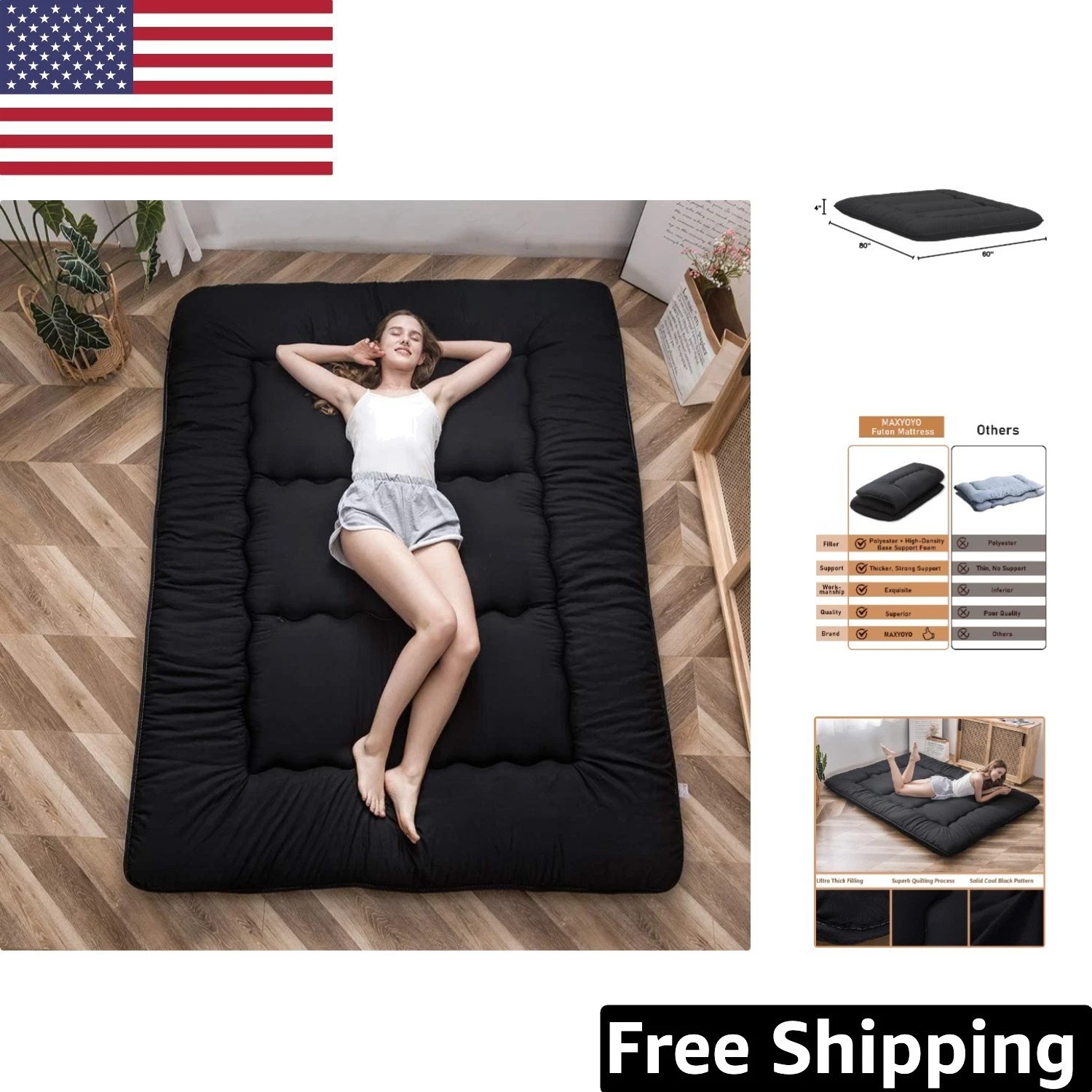 Durable 4-Inch Tatami Mattress – Lightweight Black Futon for Kids & Adults