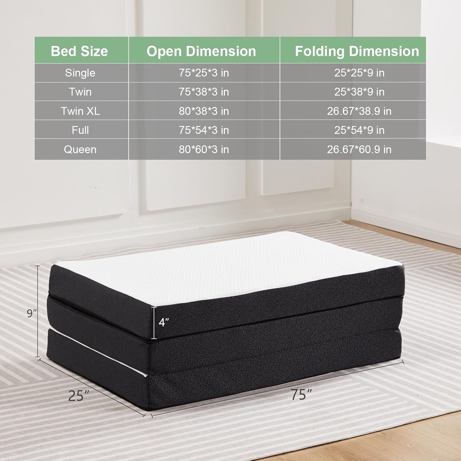 3inch Foldable Mattress Memory Foam Trifold Portable Mattress w/ Washable Cover