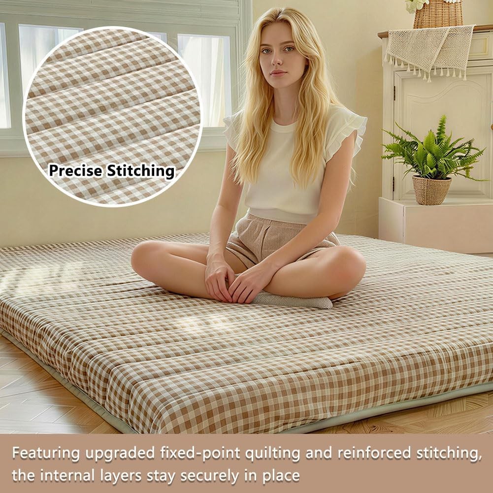 NSNLGSGC Tan Gingham Japanese Floor Mattress, 3.5″ Thick High Density Foam Futon