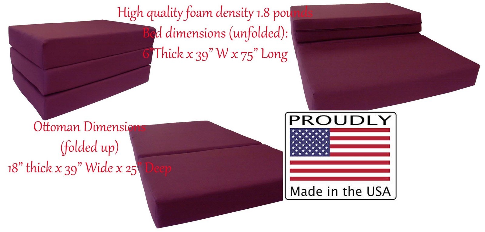 Full Size Burgundy Trifold Foam Bed, 6 x 54 x 75 Folding Mattress 1.8 lb Density