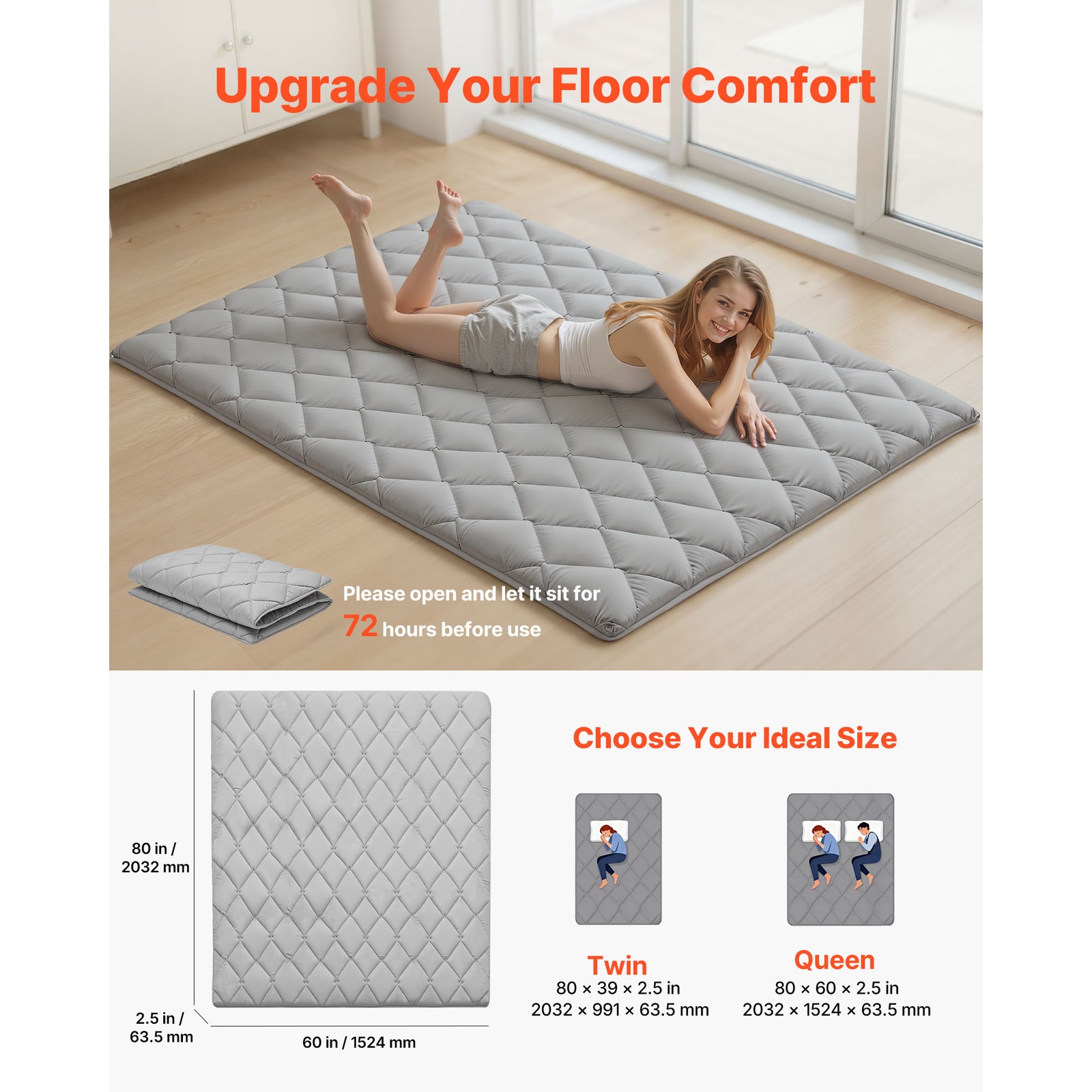 Uimoso Japanese Tatami Mattress Queen Size Foldable Futon with Storage Bag Gray