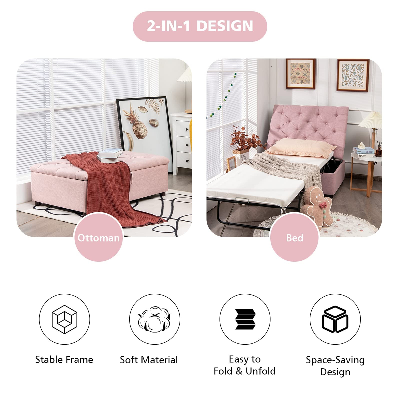 Ottoman Folding Bed, Fold Out Sleeper Bed with Mattress, Convertible Chair in…