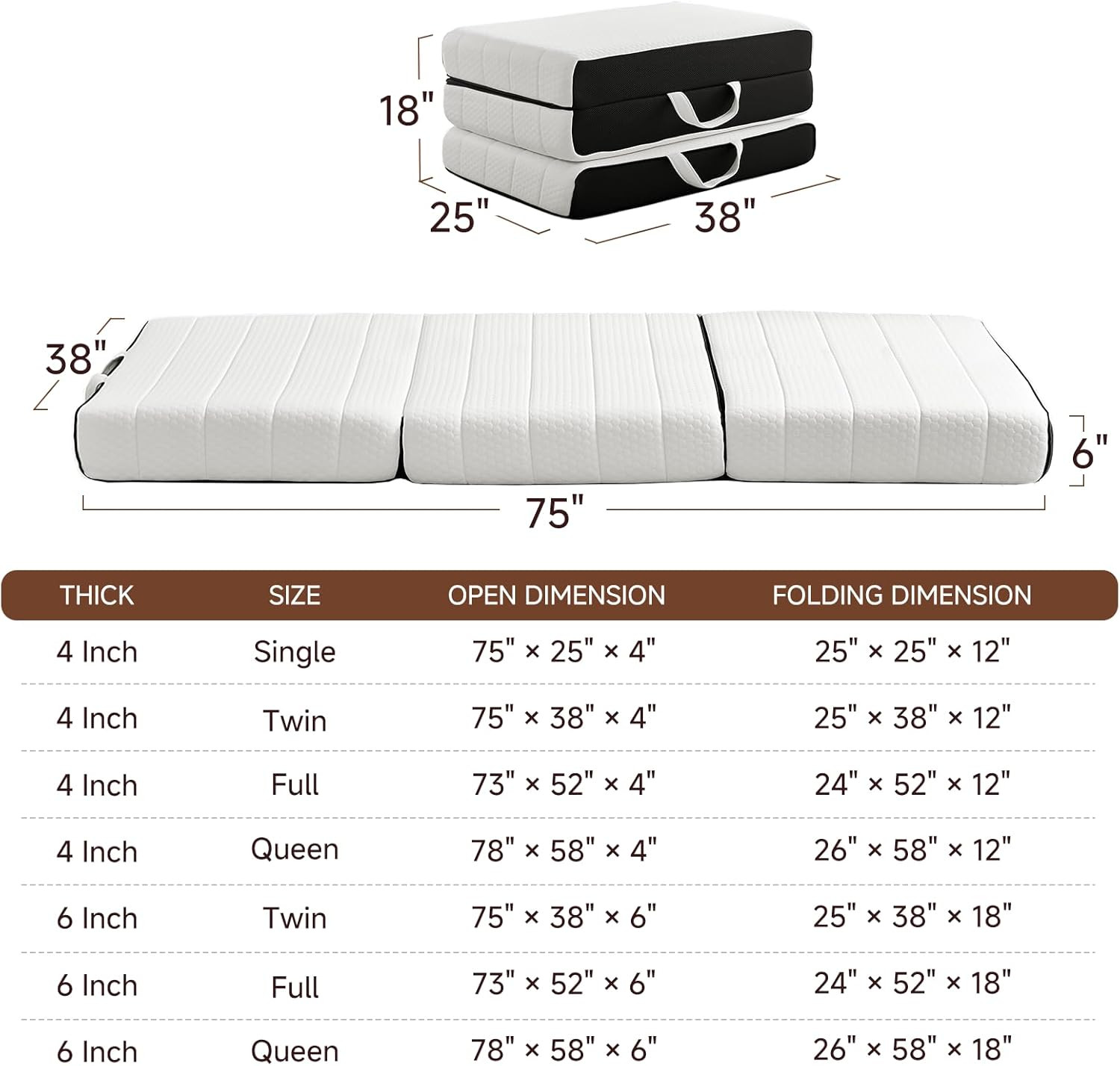 6″ Portable Tri-Fold Memory Foam Mattress with Washable Cover & Non-Slip Base