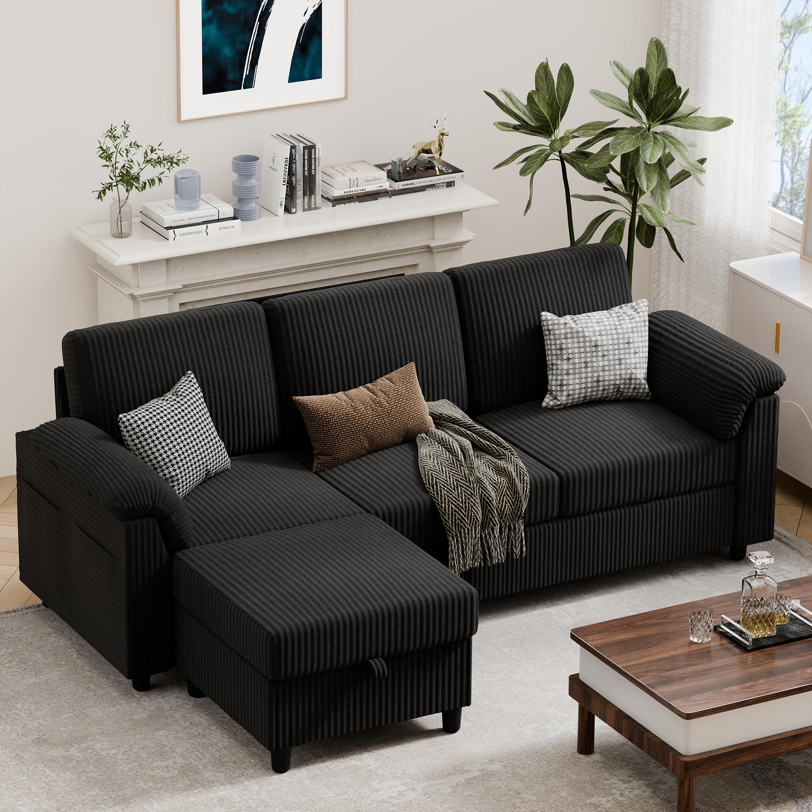Vongrasig 79″ Convertible Sectional Couch Sofa with Storage Ottoman, 3 Black