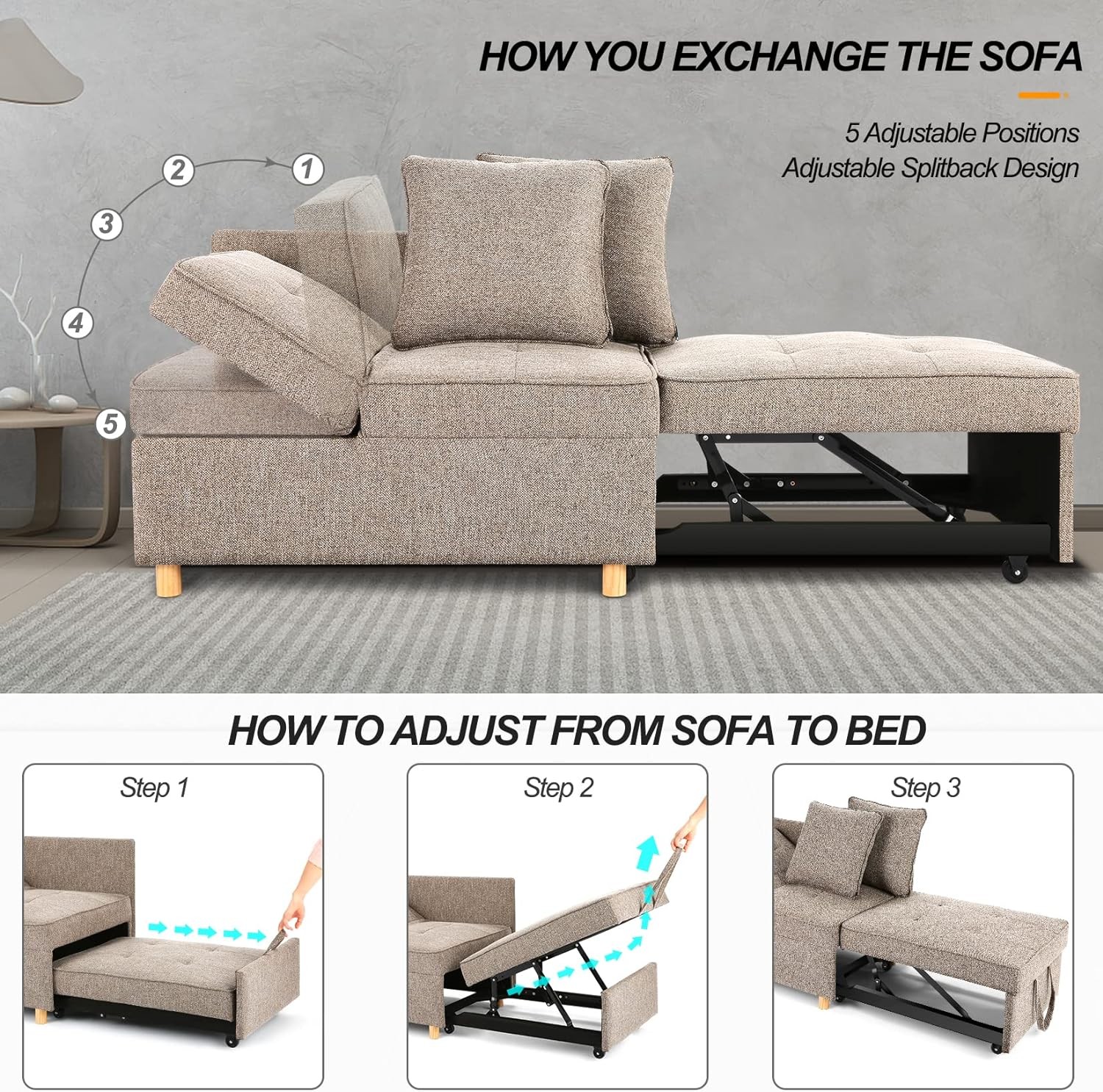 Sofa Bed Chair 4-in-1 Convertible Chair Bed, 3-Seat Linen Fabric