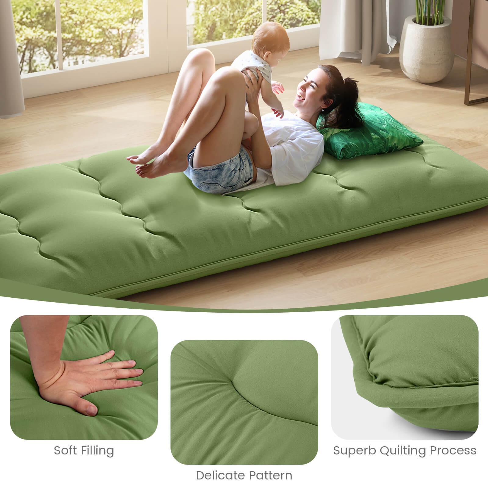 Twin Futon Mattress Washable Cover Carry Bag Green Japanese Floor Sleeping Pad