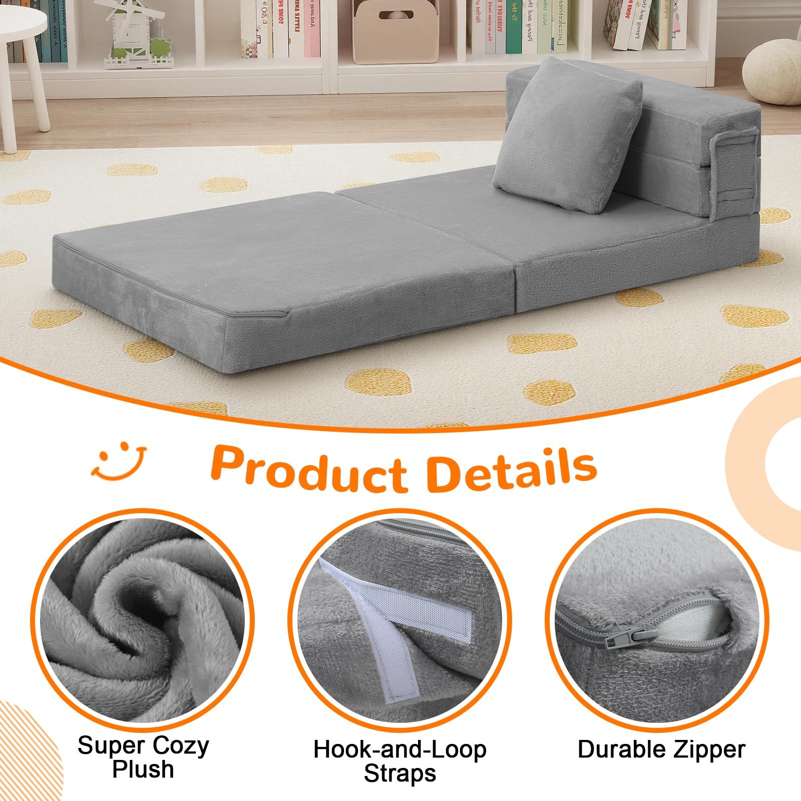 Foldable Futon Chair Bed for Kids, Grey Tri-fold Convertible Toddler Sofa Mat…