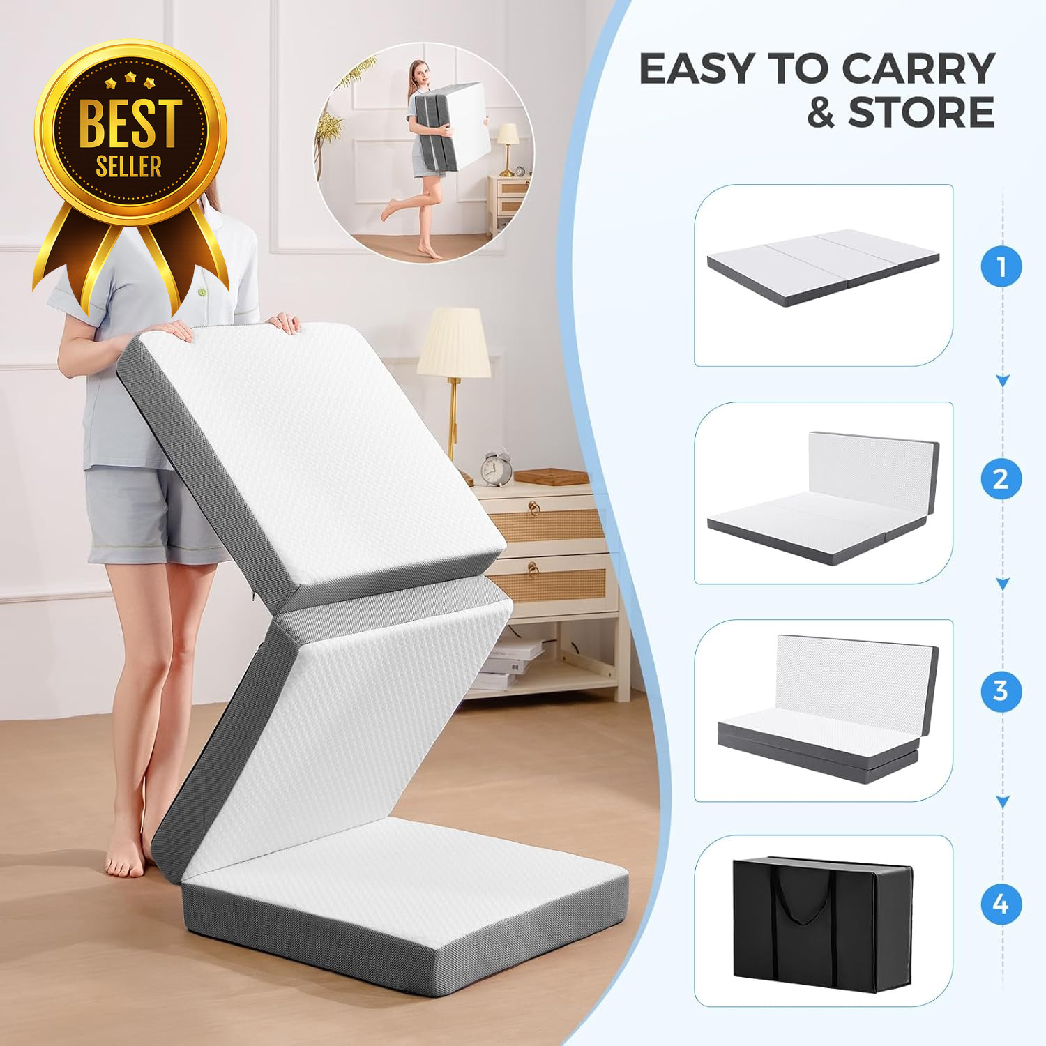 4-Inch Tri-Fold Memory Foam Mattress Foldable Floor Bed w Washable Cover Single
