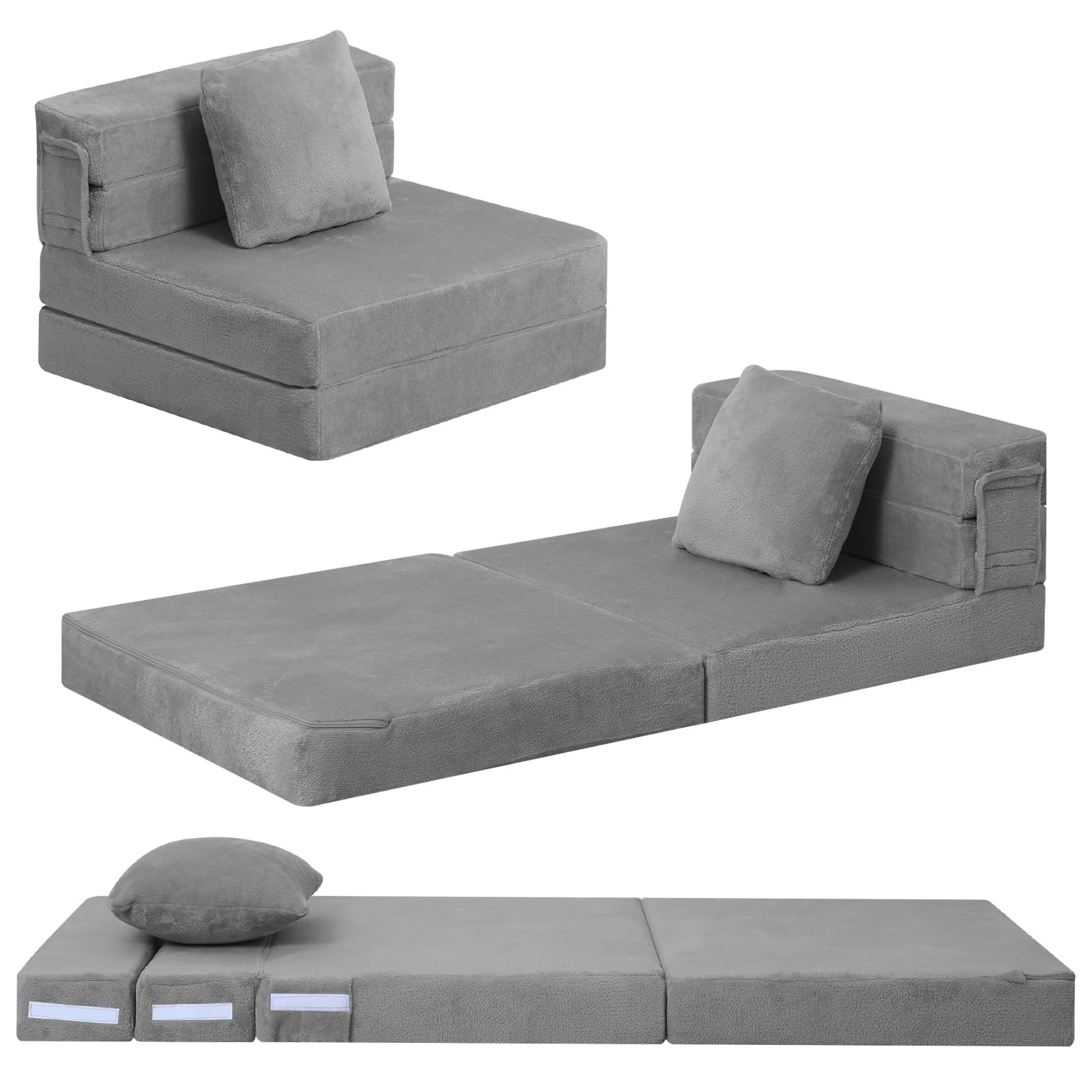 Foldable Futon Chair Bed for Kids, Grey Tri-fold Convertible Toddler Sofa Mat…
