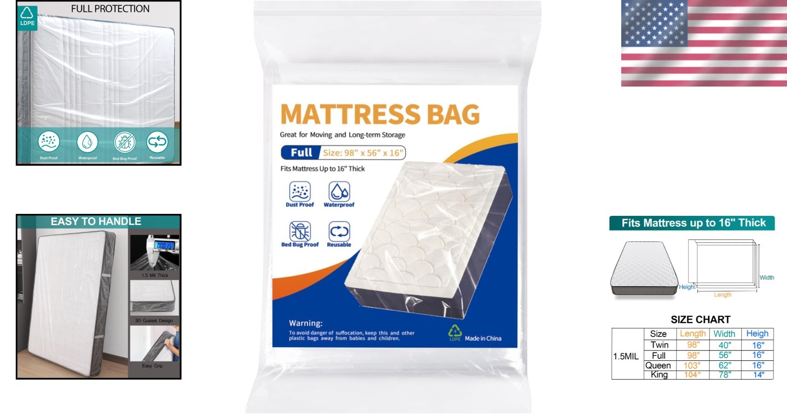 Clear Waterproof Mattress Protector Cover – Heavy-Duty Moving Bag (Full)