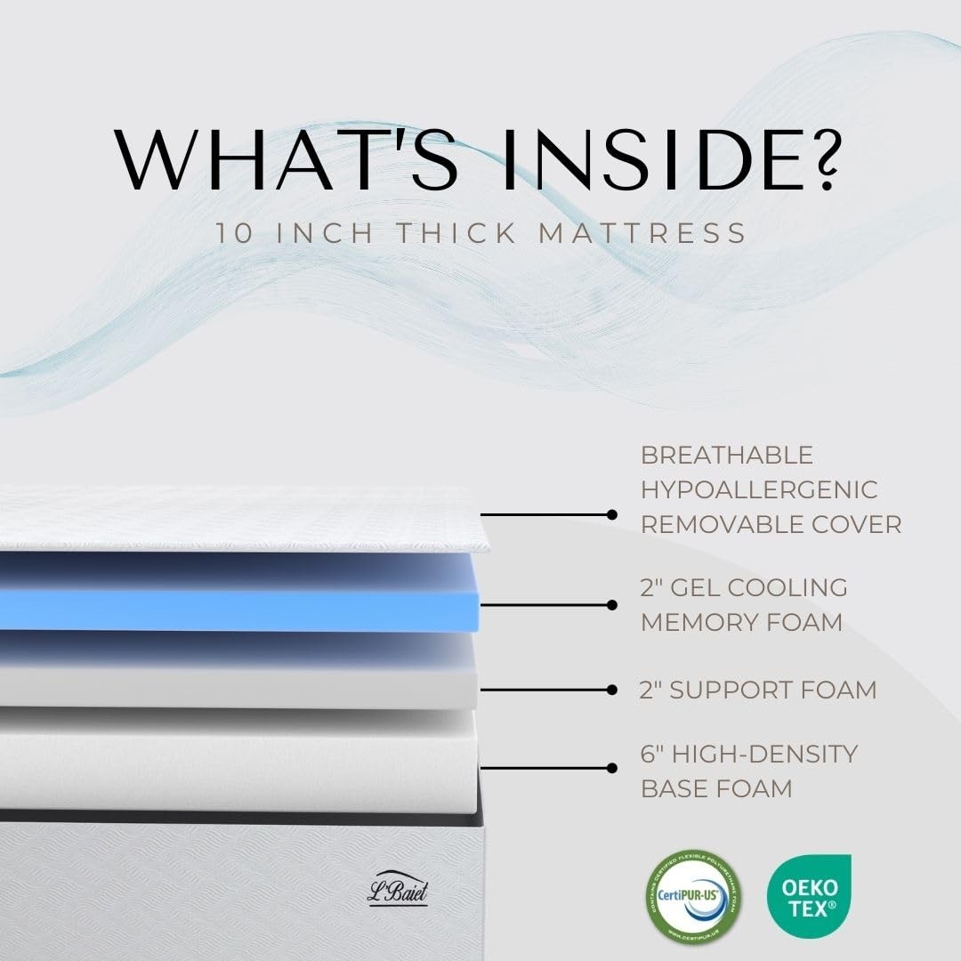 L’Baiet 10 Inch Gel Memory Foam Mattress, Full Size – Bed in a Box – Medium F…