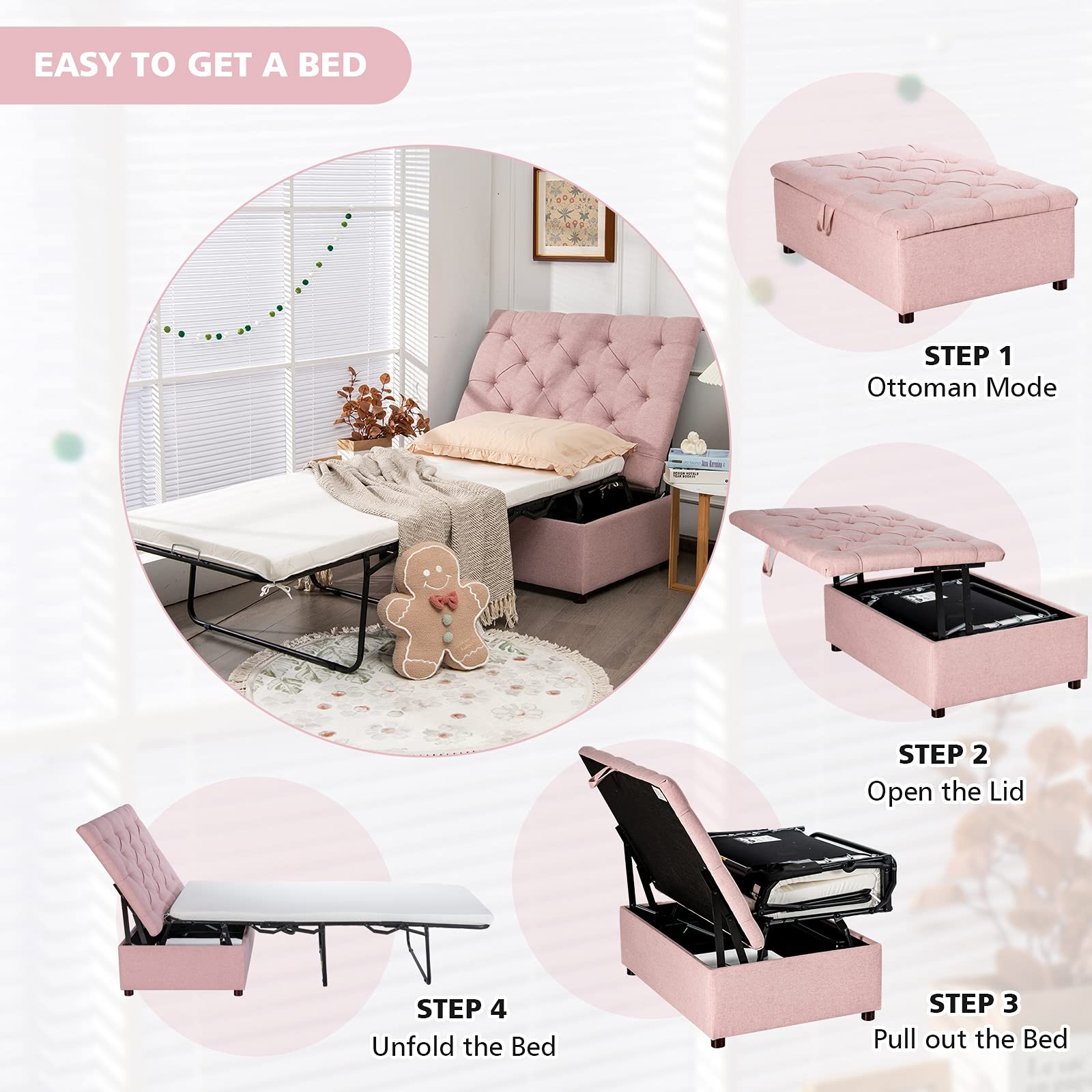 Ottoman Folding Bed, Fold Out Sleeper Bed with Mattress, Convertible Chair in…