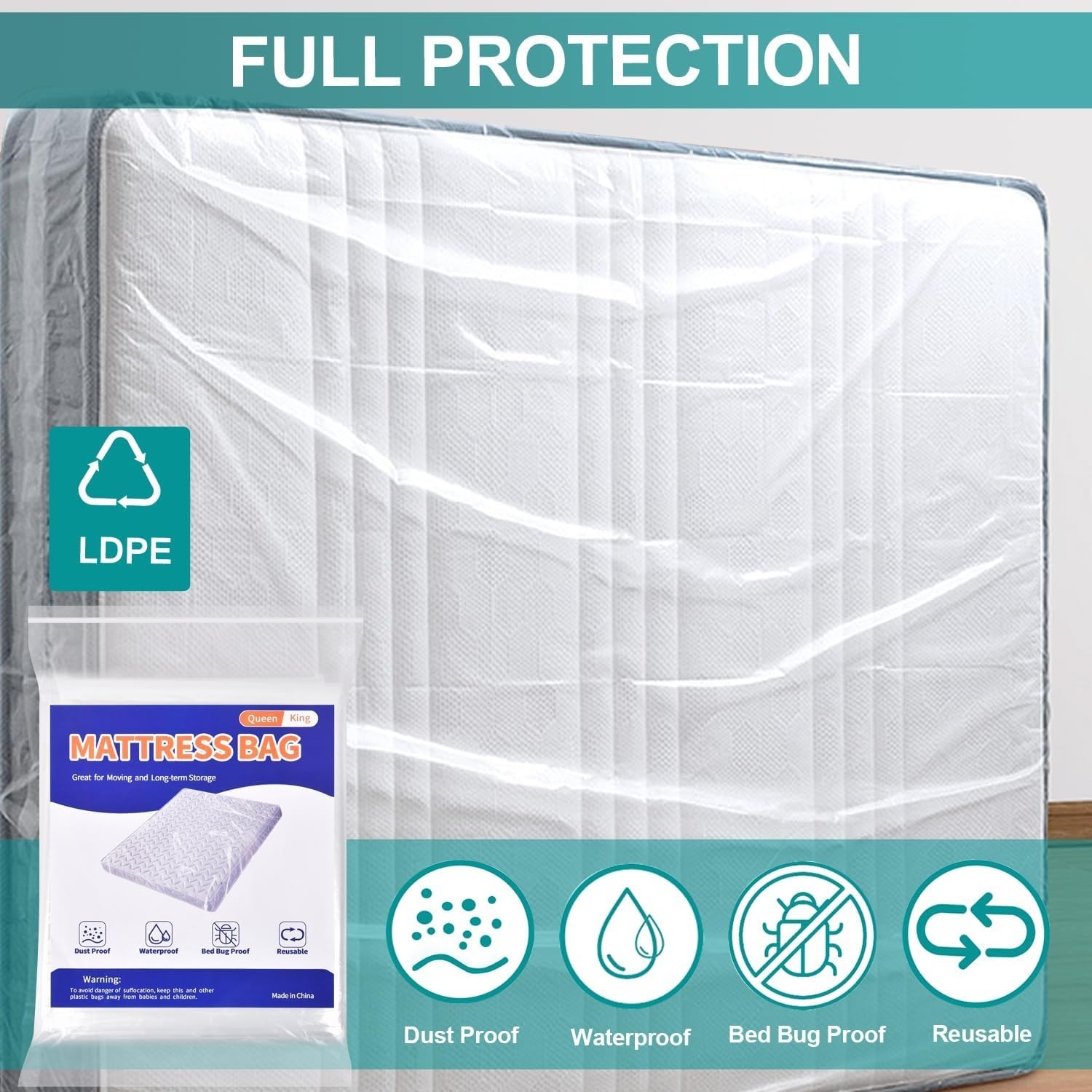 Queen and King Size Mattress Protector Bag – Easy Pull-On Closure, 1 Pack
