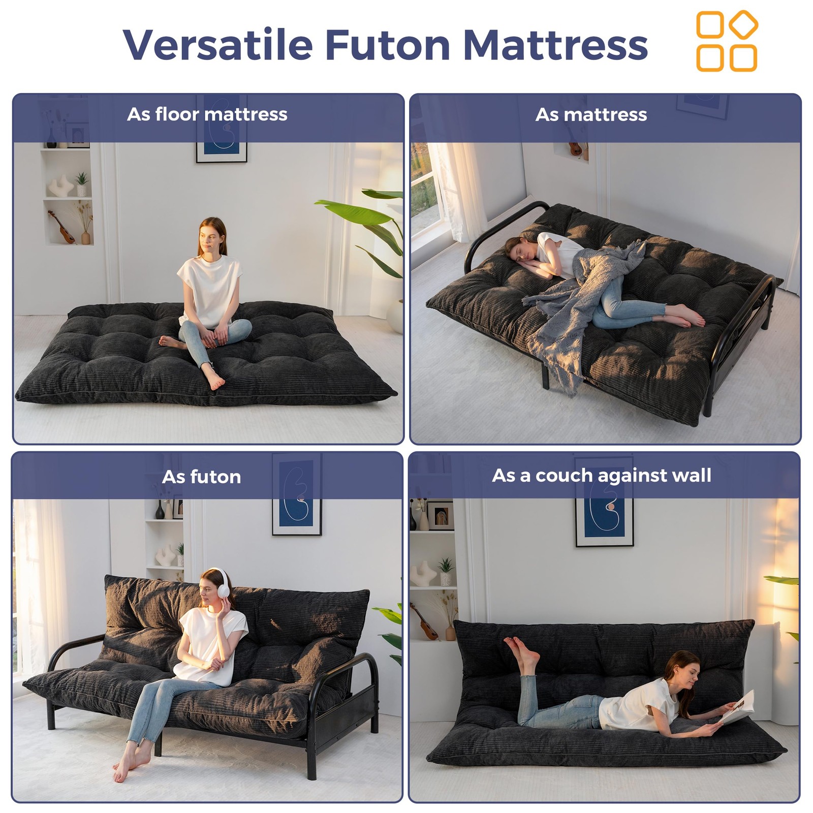 6″ Japanese Floor Mattress, Foldable Futon Mattress Queen Size, Tufted Roll U…