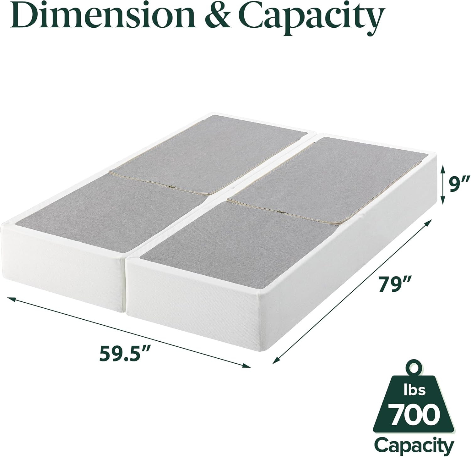 9″ Box Spring with Cover, No Assembly, Sturdy Metal, Split Queen, White