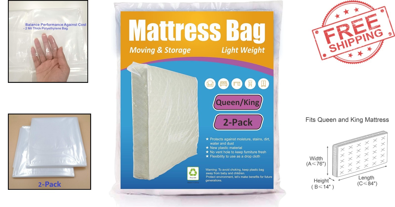 2-Pack Clear Mattress Bag for Safe Storage – Fits Queen & King Sizes, Durable