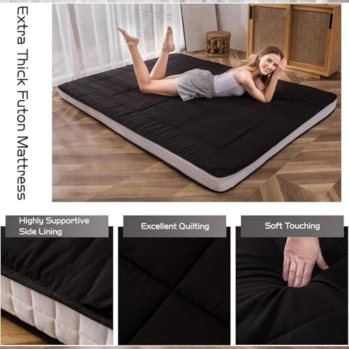 Futon Mattress, Padded Japanese Floor Mattress Quilted Bed Queen Square Black